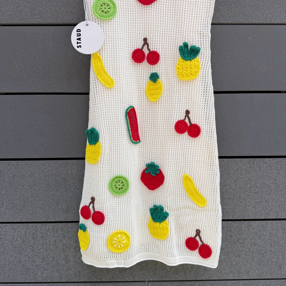 STAUD White Knit Mini Dress with Red, Yellow & Green Fruit Appliqués - Picture 3 of 7